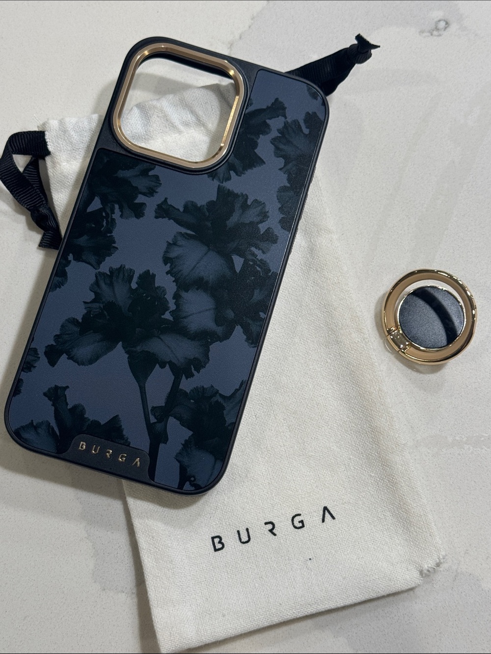 BURGA Black Floral Phone Case with Gold Ring Holder